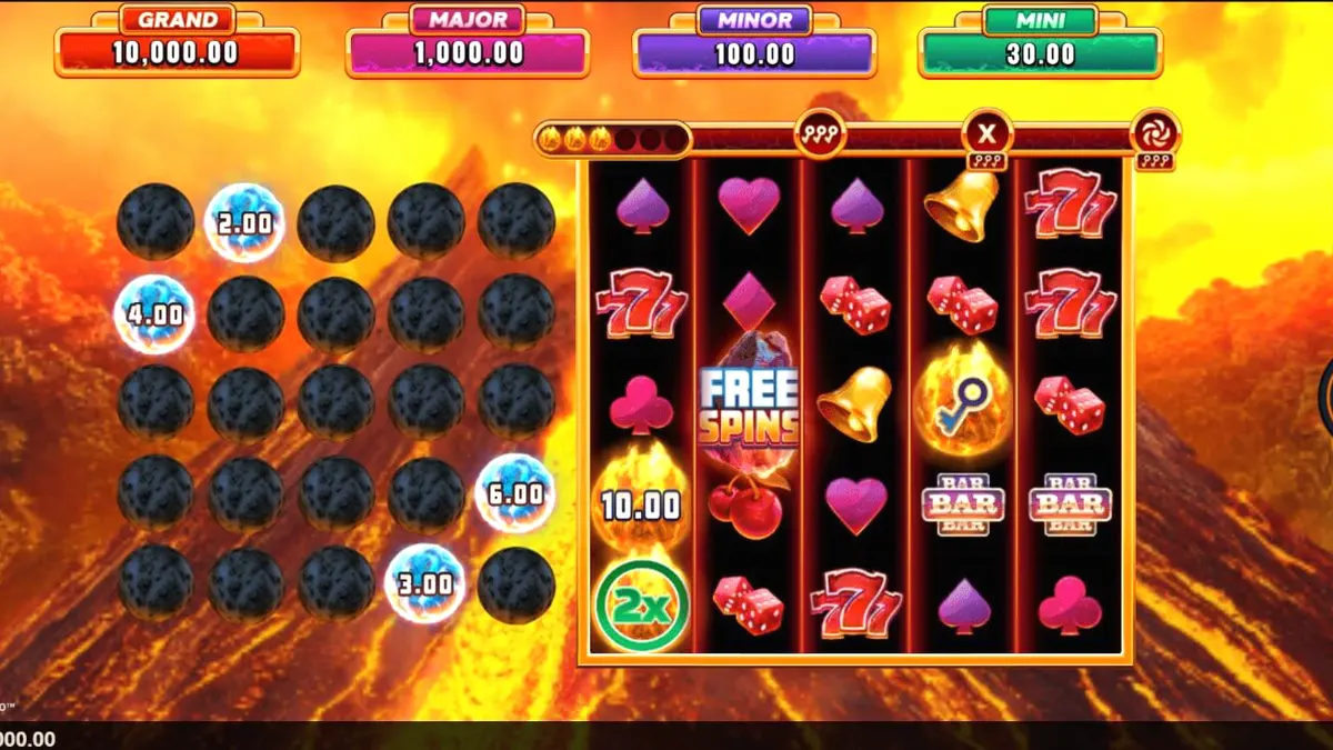 Pemandangan visual slot Eruption Blaze Cashingo dengan tema gunung berapi yang membara